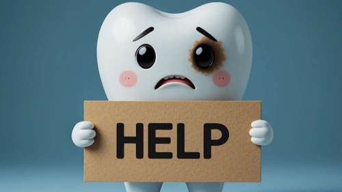 tooth with a sign that says help